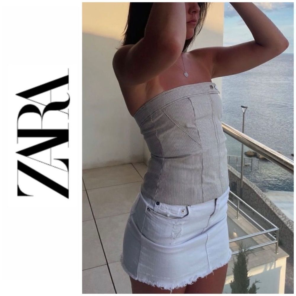 NWT Zara Blogger’s Favorite Brown & White Striped Strapless Corset Top, Size XS